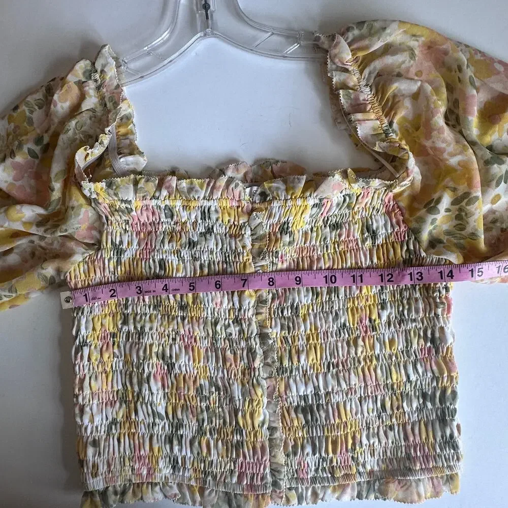 Astr Pastel Floral Smocked Square-Neck Blouse in Yellow and Pink
